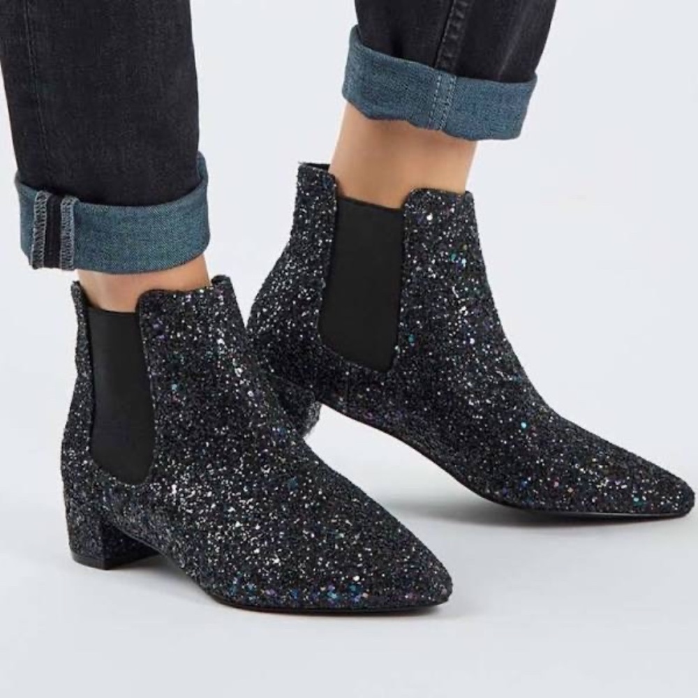 *TOPSHOP* Black Sparkle Chelsea Heels Pointed Toe Size 9.5